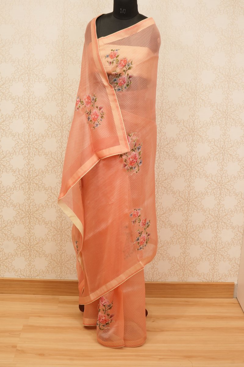 Peach Coral Pure Organza Saree with Floral Appliqué — front