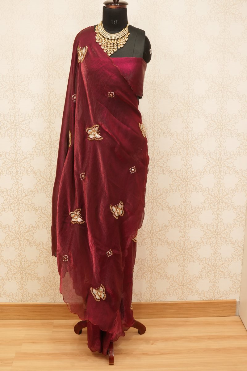 Dark Wine Crepe Silk Saree with Butterfly Motifs — front